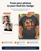 From your photos to your Dad Est. badge tee: upload 1 to 3 photos, add a name, top line and year, pick the badge colors and order
