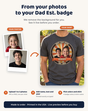 From your photos to your Dad Est. badge tee: upload 1 to 3 photos, add a name, top line and year, pick the badge colors and order