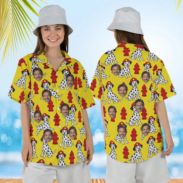 Woman wearing the Dalmatian Firehouse Firefighter Hawaiian Shirt with custom faces, front and back view