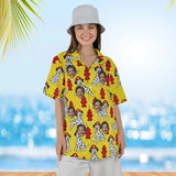Woman wearing the Dalmatian Firehouse Firefighter Hawaiian Shirt with custom faces