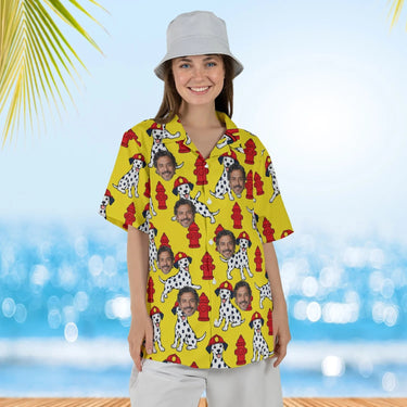 Woman wearing the Dalmatian Firehouse Firefighter Hawaiian Shirt with custom faces