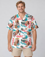 Day of the Dead Surf Skeleton Hawaiian shirt with printed faces, worn by a man