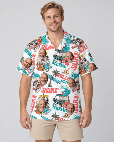 Day of the Dead Surf Skeleton Hawaiian shirt with printed faces, worn by a man
