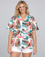 Day of the Dead Surf Skeleton Hawaiian shirt with printed faces, worn by a woman