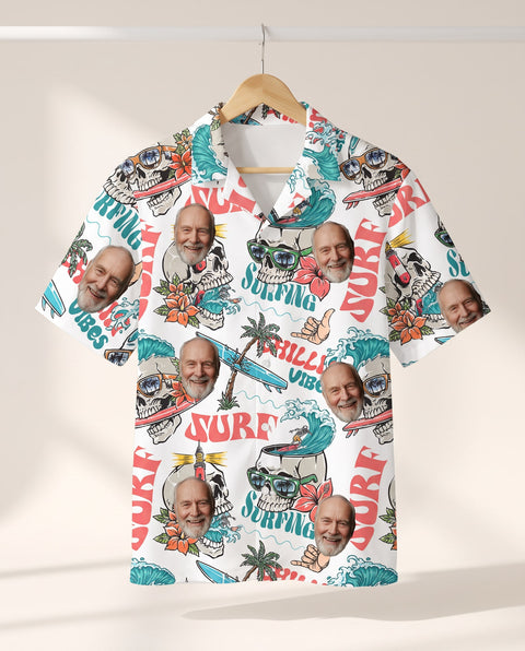 Day of the Dead Surf Skeleton personalized Hawaiian shirt printed with customer faces
