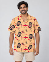 Dead Surfer Skeleton Hawaiian shirt with printed faces, worn by a man