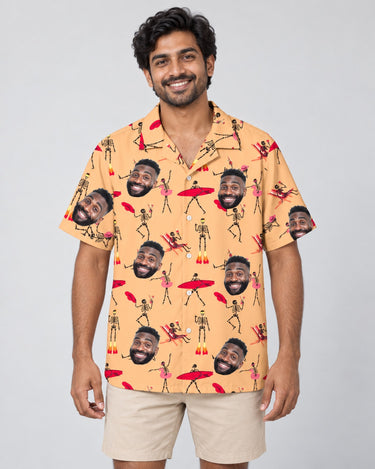 Dead Surfer Skeleton Hawaiian shirt with printed faces, worn by a man