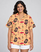 Dead Surfer Skeleton Hawaiian shirt with printed faces, worn by a woman