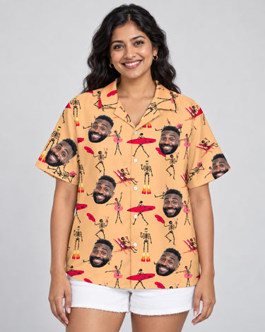 Dead Surfer Skeleton Hawaiian shirt with printed faces, worn by a woman