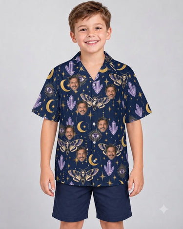 Death Moth & Moon Goth Hawaiian Shirt with printed faces, worn by a child