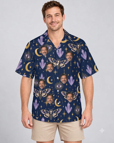 Death Moth & Moon Goth Hawaiian Shirt with printed faces, worn by a man