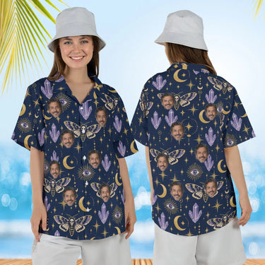 Woman wearing the Death Moth & Moon Goth Hawaiian Shirt with custom faces, front and back view