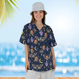 Woman wearing the Death Moth & Moon Goth Hawaiian Shirt with custom faces