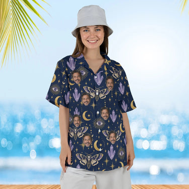 Woman wearing the Death Moth & Moon Goth Hawaiian Shirt with custom faces