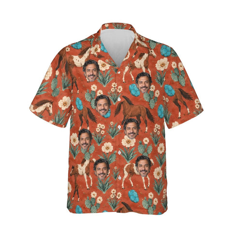 Desert Bloom Mustang Horse Hawaiian Shirt personalized with printed faces, front view