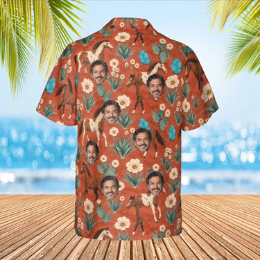 Desert Bloom Mustang Horse Hawaiian Shirt with custom faces, back view