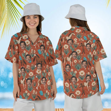 Woman wearing the Desert Bloom Mustang Horse Hawaiian Shirt with custom faces, front and back view