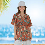 Woman wearing the Desert Bloom Mustang Horse Hawaiian Shirt with custom faces
