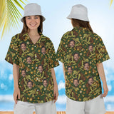 Woman wearing the Dice Goblin RPG Hawaiian Shirt with custom faces, front and back view