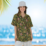 Woman wearing the Dice Goblin RPG Hawaiian Shirt with custom faces