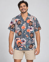 Dino Flower Floral Hawaiian shirt with printed faces, worn by a man
