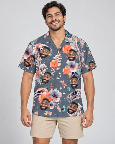 Dino Flower Floral Hawaiian shirt with printed faces, worn by a man