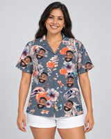 Dino Flower Floral Hawaiian shirt with printed faces, worn by a woman