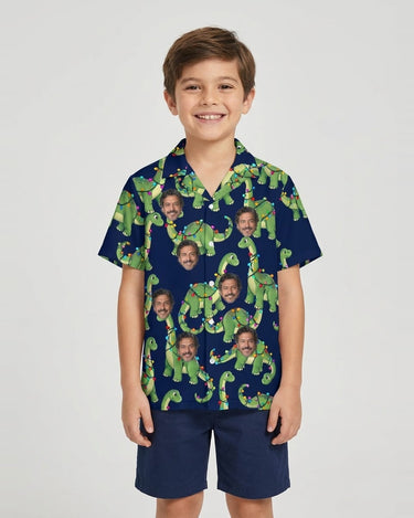 Dino Lights Dinosaur Christmas Hawaiian Shirt with printed faces, worn by a child
