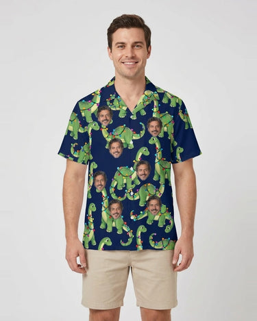 Dino Lights Dinosaur Christmas Hawaiian Shirt with printed faces, worn by a man