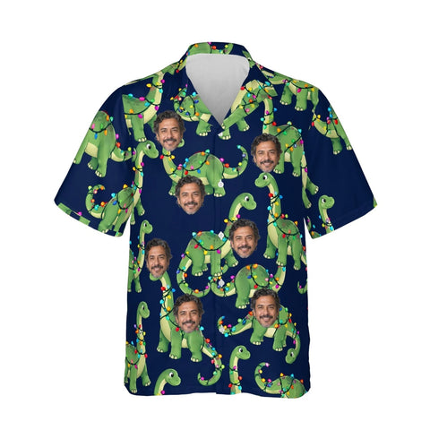Dino Lights Dinosaur Christmas Hawaiian Shirt personalized with printed faces, front view