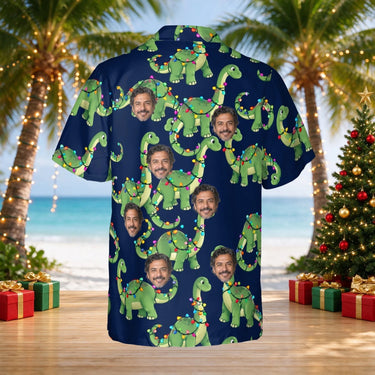 Dino Lights Dinosaur Christmas Hawaiian Shirt with custom faces, back view