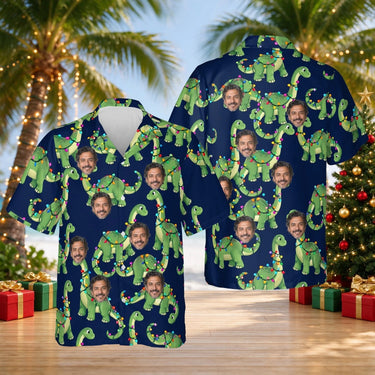 Dino Lights Dinosaur Christmas Hawaiian Shirt with custom faces, front and back
