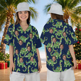 Woman wearing the Dino Lights Dinosaur Christmas Hawaiian Shirt with custom faces, front and back view
