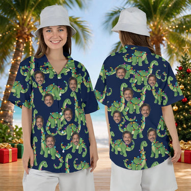 Woman wearing the Dino Lights Dinosaur Christmas Hawaiian Shirt with custom faces, front and back view