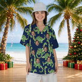 Woman wearing the Dino Lights Dinosaur Christmas Hawaiian Shirt with custom faces