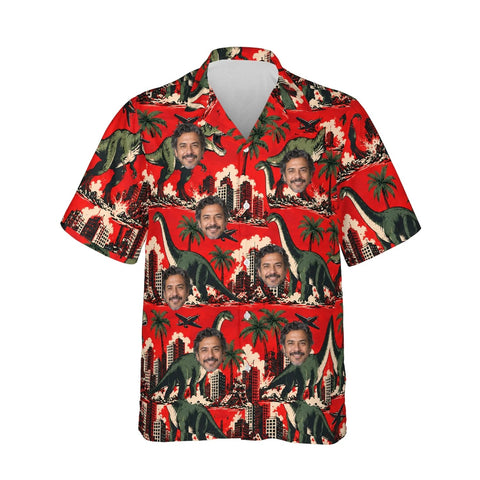 Dinosaur Stomp Kaiju Hawaiian Shirt personalized with printed faces, front view
