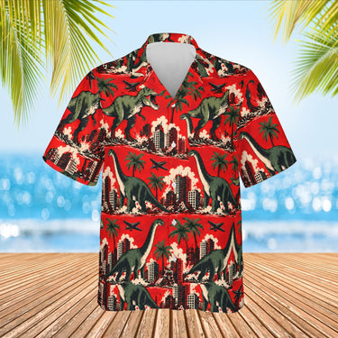 Dinosaur Stomp Kaiju Hawaiian Shirt print before personalizing, front view