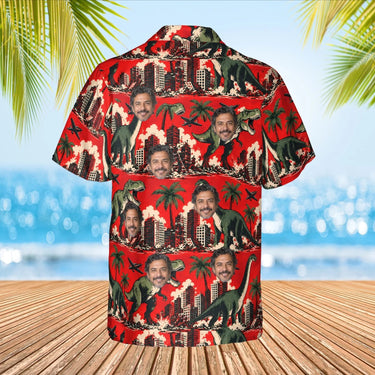 Dinosaur Stomp Kaiju Hawaiian Shirt with custom faces, back view