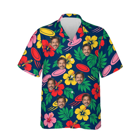 Disc & Hibiscus Disc Golf Hawaiian Shirt personalized with printed faces, front view