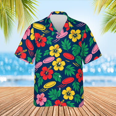 Disc & Hibiscus Disc Golf Hawaiian Shirt print before personalizing, front view