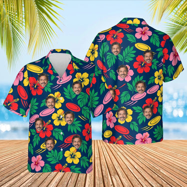 Disc & Hibiscus Disc Golf Hawaiian Shirt with custom faces, front and back