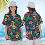 Woman wearing the Disc & Hibiscus Disc Golf Hawaiian Shirt with custom faces, front and back view