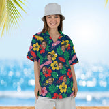Woman wearing the Disc & Hibiscus Disc Golf Hawaiian Shirt with custom faces