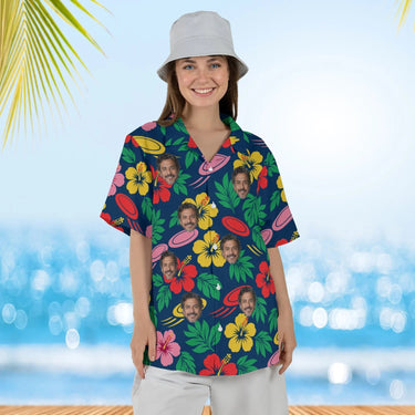 Woman wearing the Disc & Hibiscus Disc Golf Hawaiian Shirt with custom faces