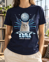 Navy disco cat photo tee in a bright loft, featuring a white cat, a silver mirror ball, an ice-blue dance floor and the name Luna.