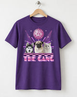 Purple custom disco pet tee on a wooden hanger, showing three pets, a pink mirror ball, a checkerboard dance floor and the name The Gang.