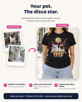 How to customize a disco pet photo shirt: upload one to three photos, add a name and optional line, then choose disco and shirt colors.