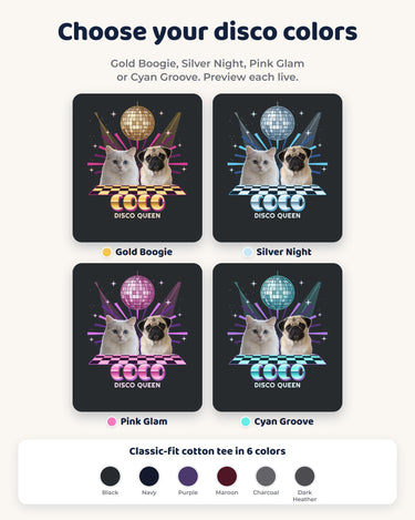 Four coordinated disco pet shirt color sets: Gold Boogie, Silver Night, Pink Glam and Cyan Groove, shown with six available shirt colors.