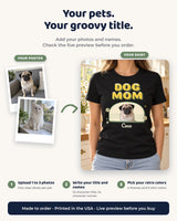 Personalization guide for a groovy pet photo tee: upload one to three pet photos, enter a title and names, choose retro colors and check the live preview.