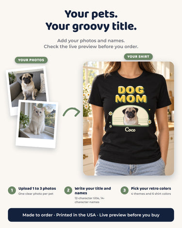 Personalization guide for a groovy pet photo tee: upload one to three pet photos, enter a title and names, choose retro colors and check the live preview.